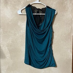 AB Studio Teal Draped Blouse with Mesh Detail